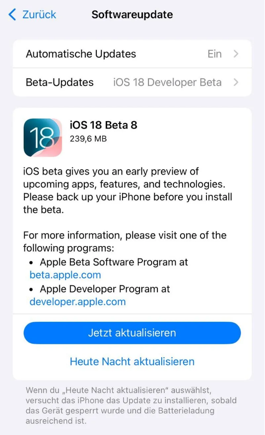 香河苹果手机维修分享苹果 iOS / iPadOS 18 开发者预览版 Beta 8 发布 